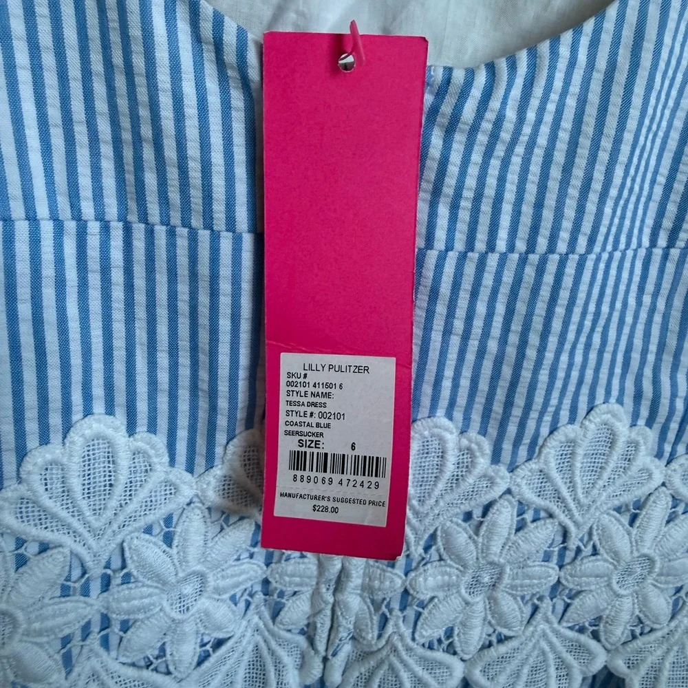 Lilly Pulitzer Blue and White Striped Tie-Shoulder Dress with White Lace Waist - Picture 3 of 3